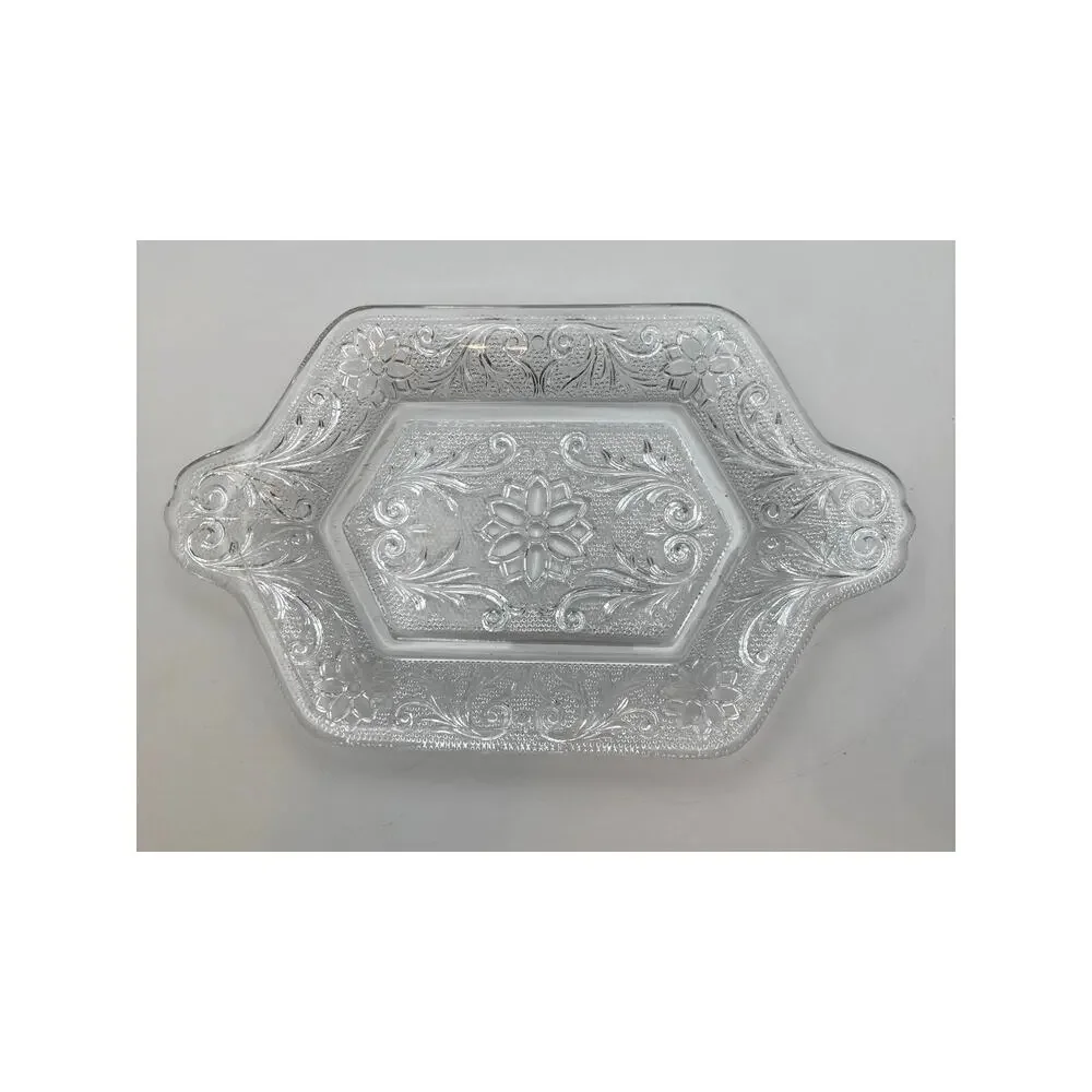 Vintage Indiana Clear Glass Sandwich Floral Pattern Relish Tray with Handles